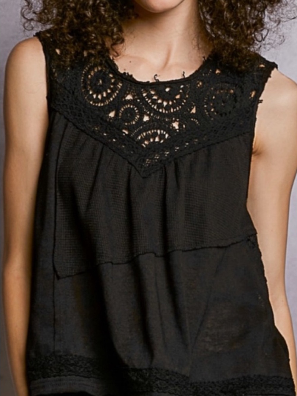 #200-0341 POL Black Sleeveless Lace Yoke Tank